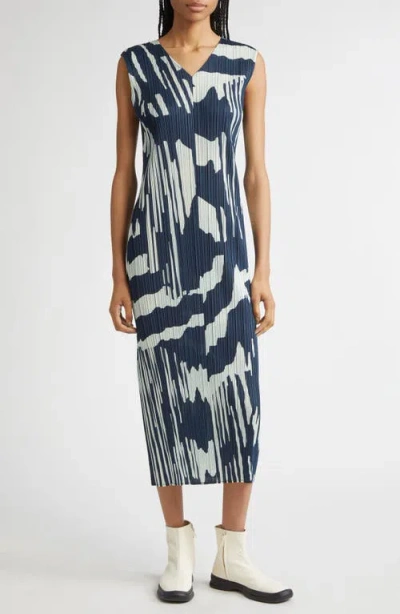 Issey Miyake Pleats Please  Refraction Print Pleated Midi Dress In Grayish Navy