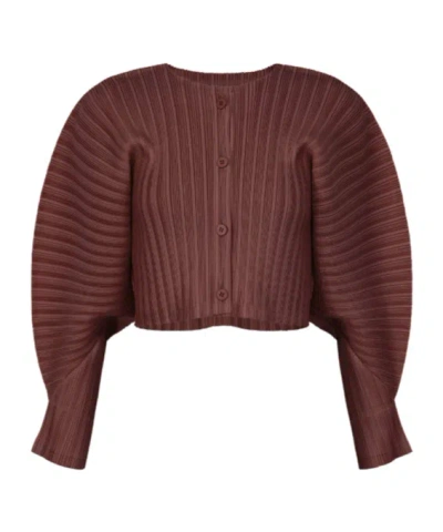 Issey Miyake Pleats Buttoned Cardigan In Brown