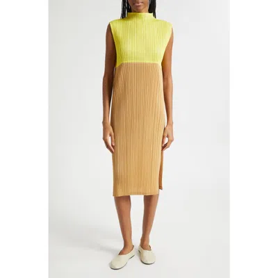 Issey Miyake Pleats Please  Swing Colorblock Pleated Convertible Midi Dress In Brown