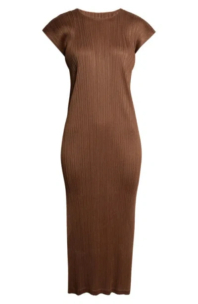 Issey Miyake Pleats Please  Swing Solid Pleated Midi Dress In Brown