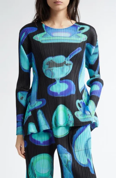 Issey Miyake Pleats Please  Thermal Floods Print Pleated Top In Black