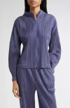 Issey Miyake Pleats Please  Trompe L'oeil Pleated Full Zip Jacket In Blue