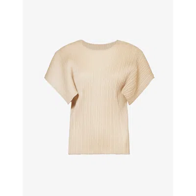 Issey Miyake Pleats Please  Womens Beige August Cap-sleeve Knitted Top