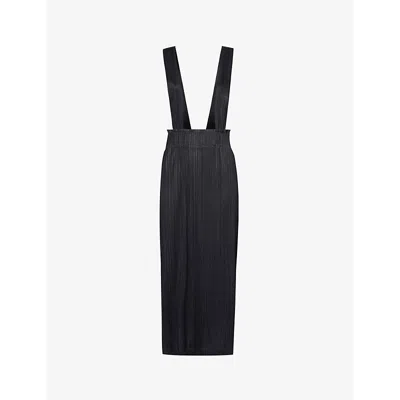 Issey Miyake Pleats Please  Womens Black Pleated Shoulder-strap Knitted Midi Skirt