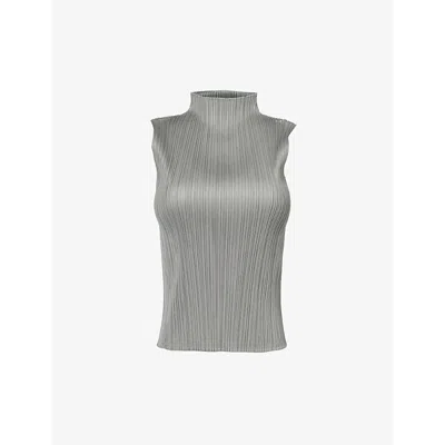 Issey Miyake Pleats Please  Womens Grey Basic High-neck Pleated Woven Top