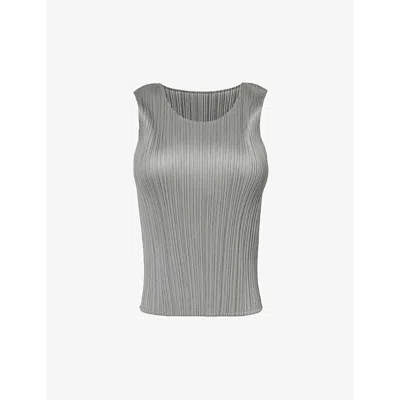Issey Miyake Pleats Please  Womens Grey Basic Sleeveless Pleated Knitted Jersey Top
