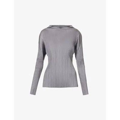 Issey Miyake Pleats Please  Womens Grey Pleated High-neck Knitted Top