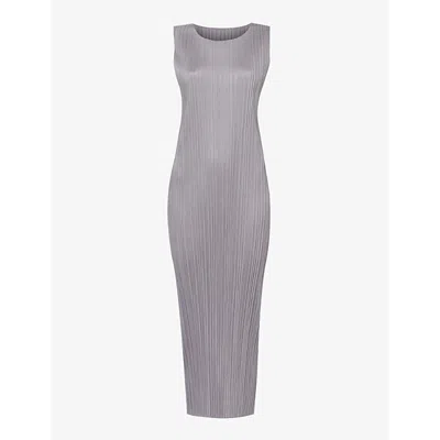 Issey Miyake Womens Grey Pleated Round-neck Knitted Midi Dress