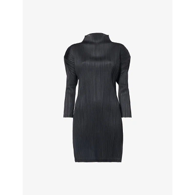 Issey Miyake Pleats Please  Womens Black Pleated High-neck Knitted Top