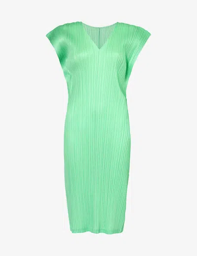 Issey Miyake Pleats Please  Womens Mint Green V-neck Pleated Knitted Midi Dress