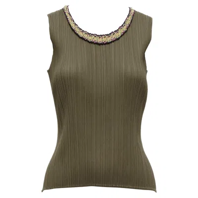 Pre-owned Issey Miyake Pleats Please Khaki Plisse Orange Embroidery Neckline Vest Jp4 Xl