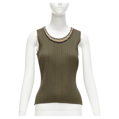 Pre-owned Issey Miyake Pleats Please Khaki Plisse Orange Embroidery Neckline Vest Jp4 Xl