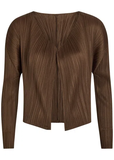 Issey Miyake Pleats Please Pleated Woven Cardigan In Brown