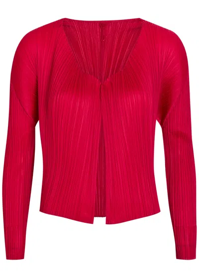 Issey Miyake Pleats Please Pleated Woven Cardigan In Red