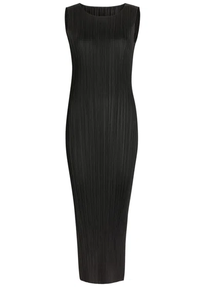 Issey Miyake Pleats Please Pleated Woven Midi Dress In Black