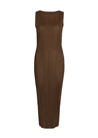 Issey Miyake Pleats Please Pleated Woven Midi Dress In Brown