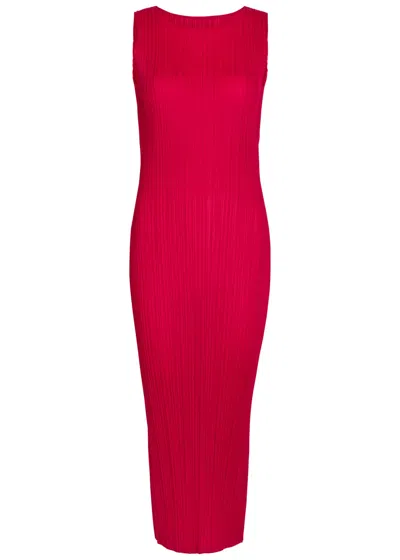 Issey Miyake Pleats Please Pleated Woven Midi Dress In Red