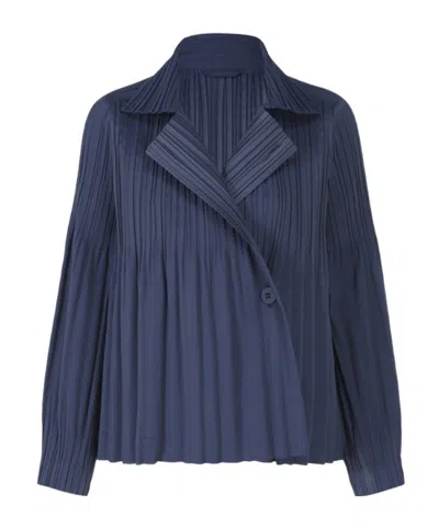 Issey Miyake Plissé Collared Jacket In Blue
