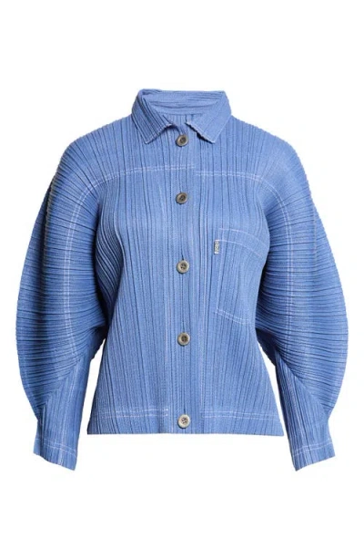 Issey Miyake Plissé Denim Jacket In Blue