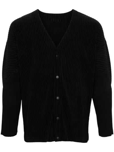 Issey Miyake Ribbed Texture V-necked Cardigan With Side Pockets In Black