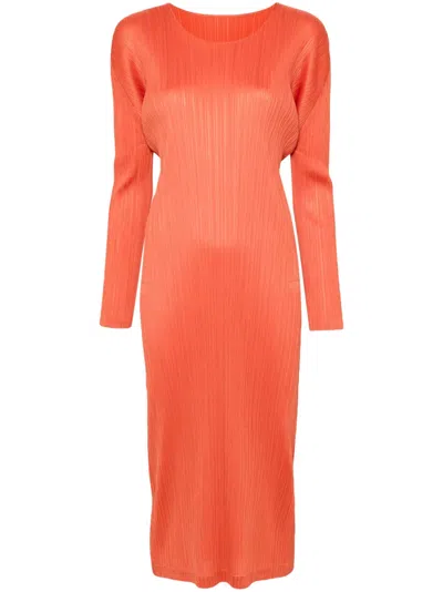 Issey Miyake Womens Orange Long-sleeve Pleats Knitted Midi Dress