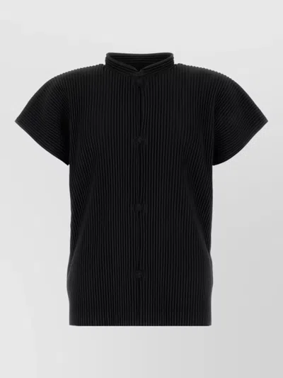 Issey Miyake Polyester Shirt Button Detailing Ribbed Short Sleeves In Black