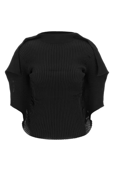 Issey Miyake Pleated High-neck Short-sleeve Knitted Top In Black