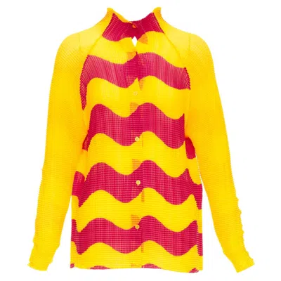 Pre-owned Issey Miyake Rare  Pleats Please Graphic Yellow Wave Plisse High Neck Top Jp2 M