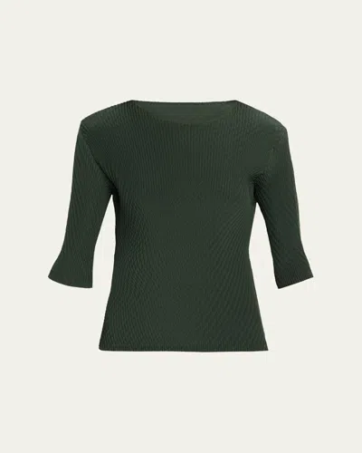 Issey Miyake Rhombus Pleated Elbow-sleeve Top In Green