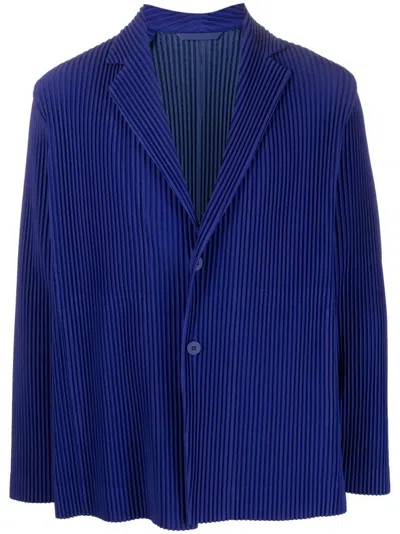 Issey Miyake Homme Plisse  Mens Deep Sea Blue Pleated Single-breasted Woven Jacket