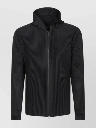 Issey Miyake Ribbed Texture Hooded Zip-up Sweater In Black
