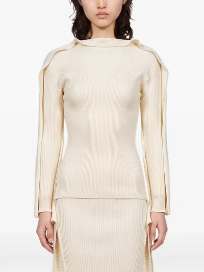 Issey Miyake Ribbed-knit Ruffled Top In Neutral