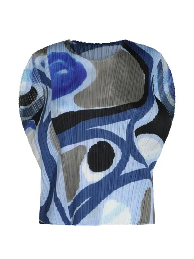 Issey Miyake Roll Abstract-print Pleated Blouse In Blue