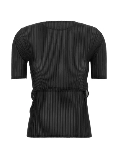Issey Miyake Sheer Slit Pleats Pleated Short-sleeve Top In Black