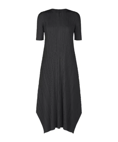 Issey Miyake Mellow Pleats V-neck Asymmetric Dress In Black