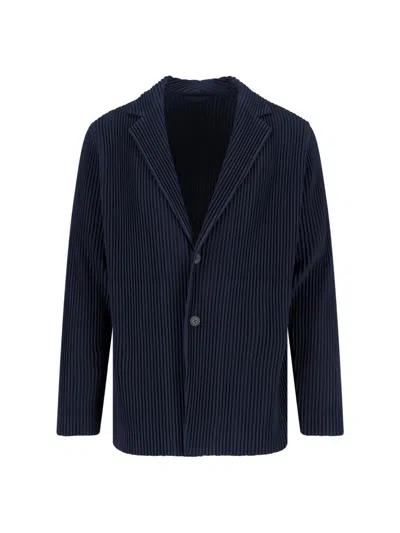 Issey Miyake Single Breasted Pleated Texture Blazer Jacket In Blue