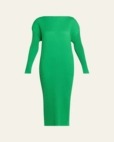 Issey Miyake Sleek Pleats Long-sleeve Midi Dress In Green