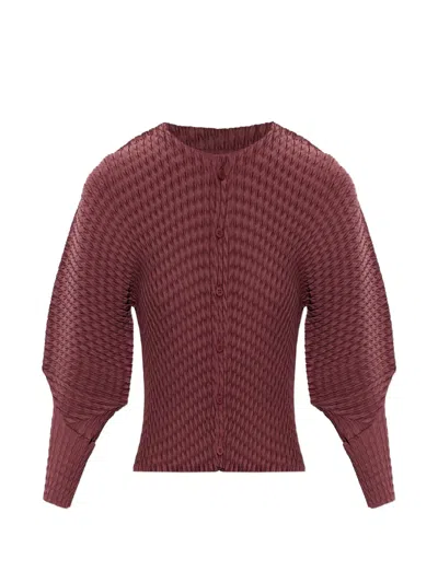 Issey Miyake Sleek Pleats Pleated Puff-sleeve Cardigan In Red
