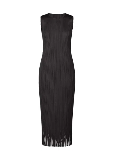 Issey Miyake Pleats Please  Fringed Hem Pleated Midi Dress In Black