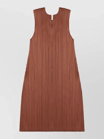 Issey Miyake Sleeveless Midi Dress Featuring Pleated Design In Brown