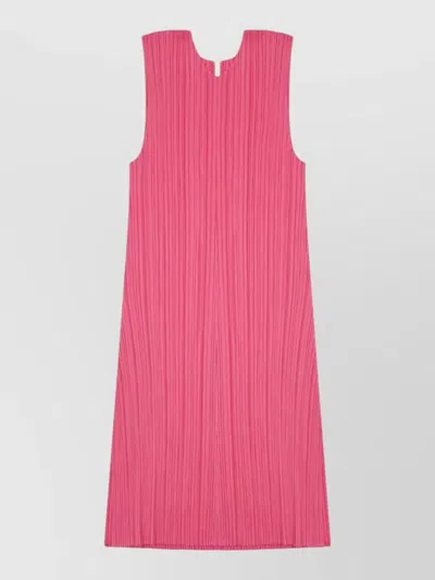 Issey Miyake Sleeveless Finely Pleated Notch Neck Blouse In Pink