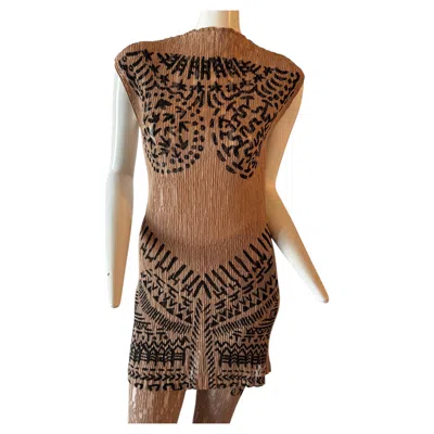 Pre-owned Issey Miyake , Sleeveless Stretch Lace Ensemble With Ancient Character Print Ss98 In Brown