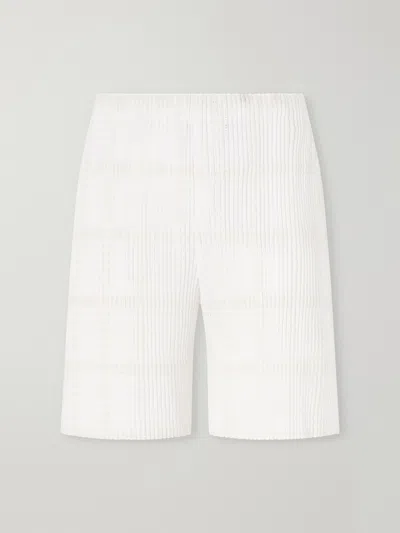 Issey Miyake Straight-leg Pleated Lace Grid Mesh Shorts In White