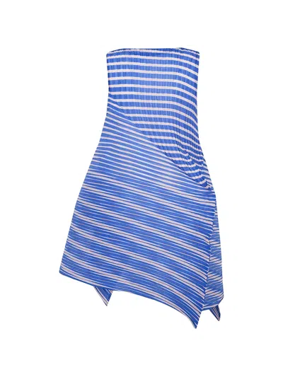 Issey Miyake Womens Blue Hued Stripes Asymmetric Knitted Mini Dress