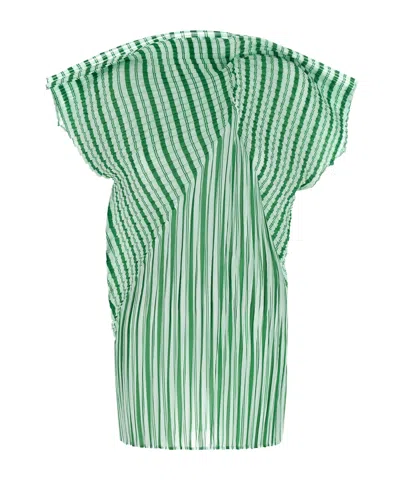 Issey Miyake Striped Pleated Blouse In Green