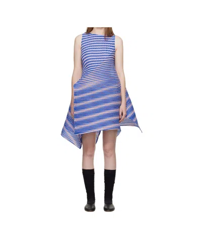 Issey Miyake Striped Pleated Mini Dress In Blue