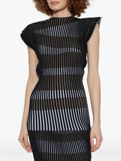 Issey Miyake Striped Pleated Top In Black