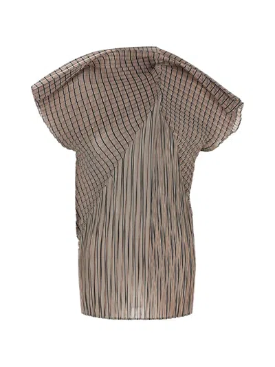Issey Miyake Striped Pleated Top In Brown
