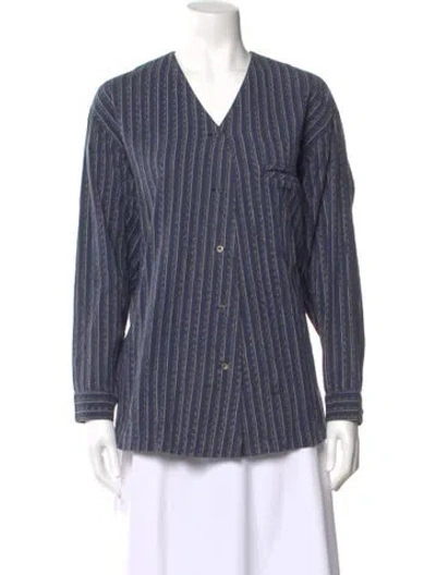 Pre-owned Issey Miyake Striped V-neck Blouse In Blue