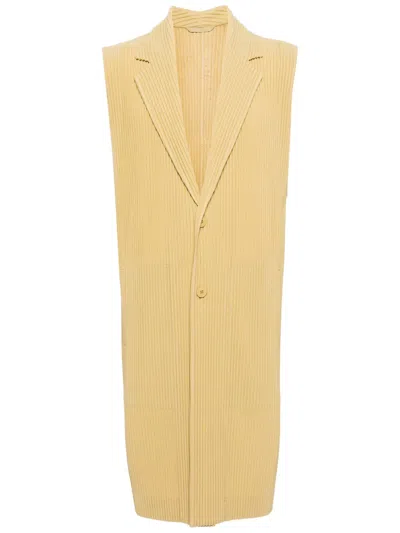 Issey Miyake Pleated Long Vest In Yellow